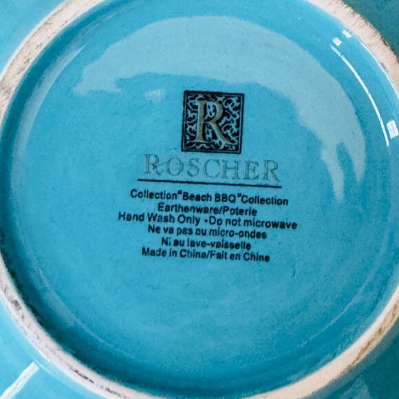 ROSCHER  COLLECTION “Beach BBQ” Earthware Blue Serving Bowl with Handles - Picture 5 of 7